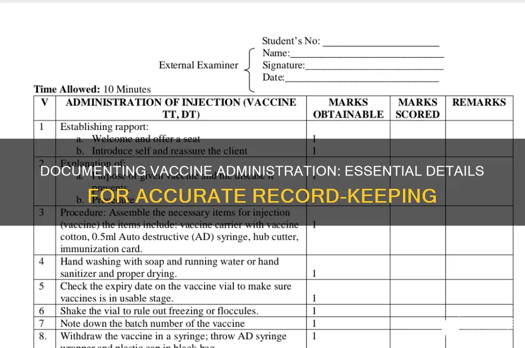 what information is included when documenting vaccine administration